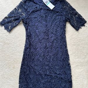 Nina Leonard Blue Sheath Mini Dress Mock Neck